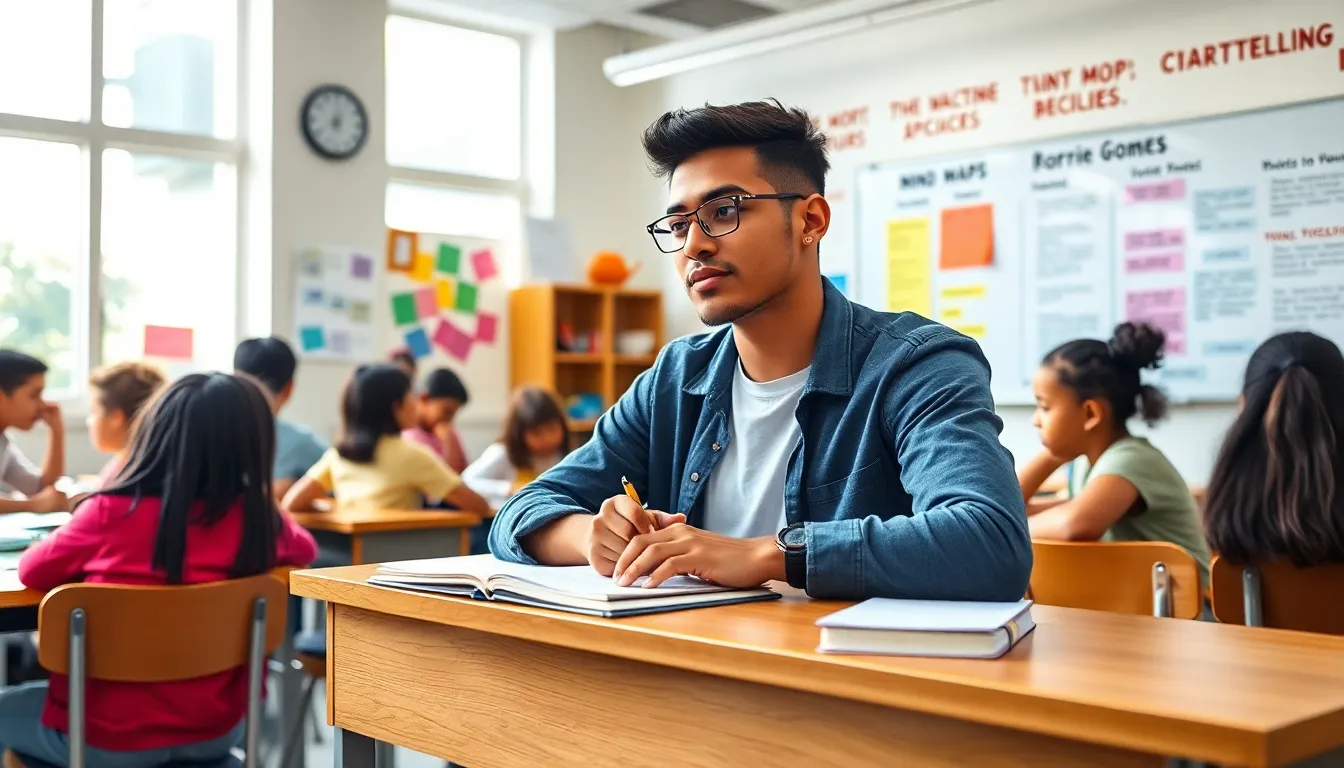 Young man thoughtfully writing in a creative classroom with diverse peers.
